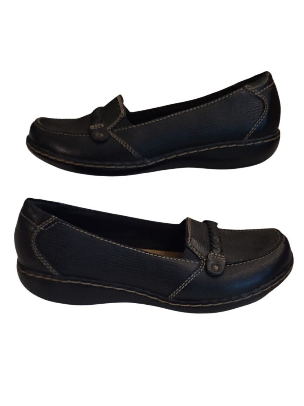 Clarks Bendables Ashland Step Slip-On Contrast Stitching Leather Wedge Loafers